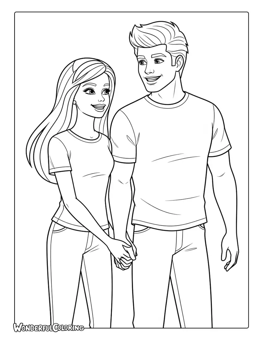 Barbie and Ken holding hands romantic scene coloring page