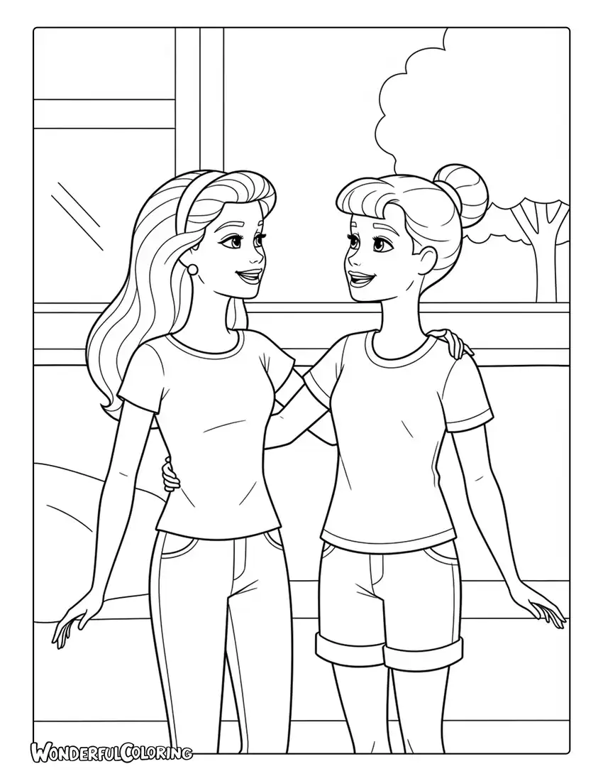 Barbie and Skipper hanging out together coloring page