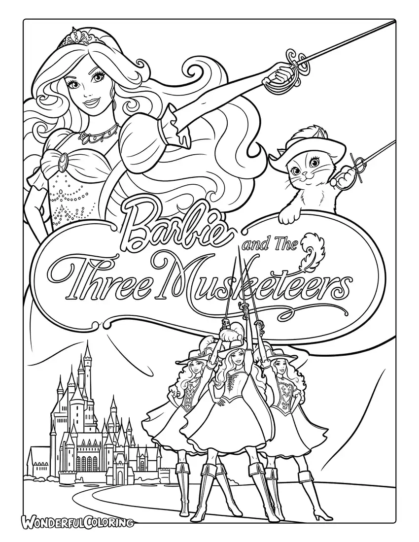Barbie three musketeers swords adventure coloring page