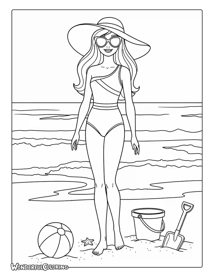 Barbie beach swimsuit summer scene coloring page