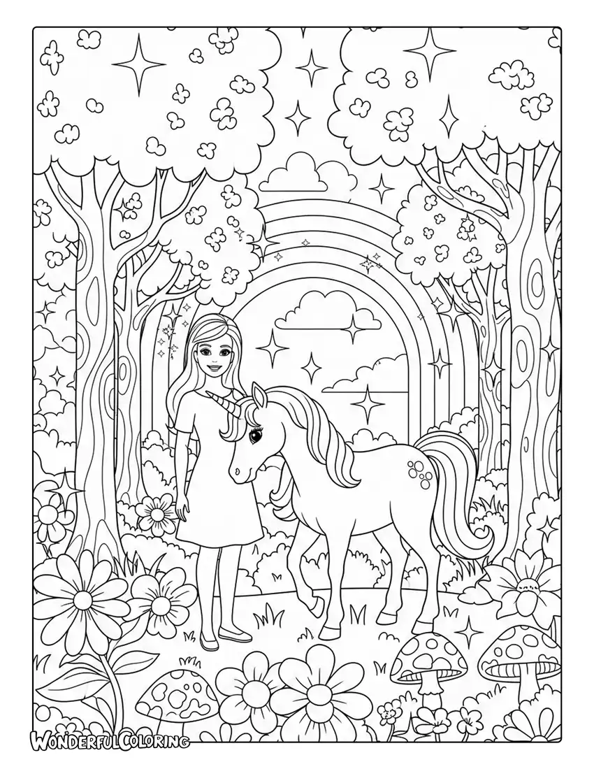 Barbie with unicorn fantasy forest coloring page