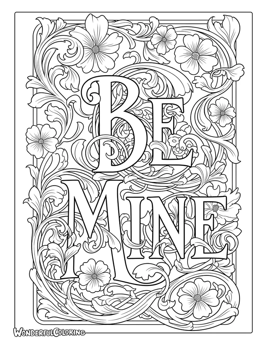 Be Mine Art Nouveau decorative lettering coloring page