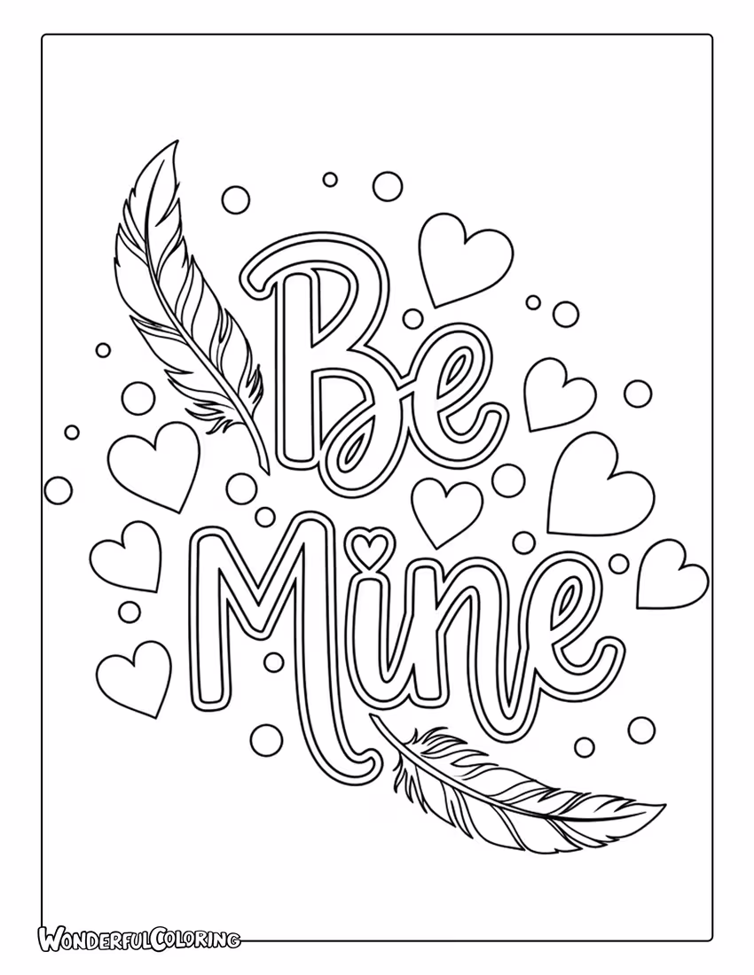 Be Mine boho hand lettering with decorative elements coloring page