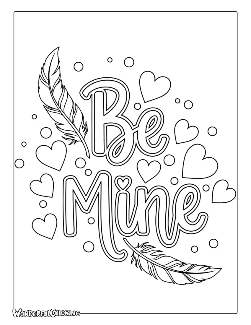 Be Mine boho hand lettering with decorative elements coloring page