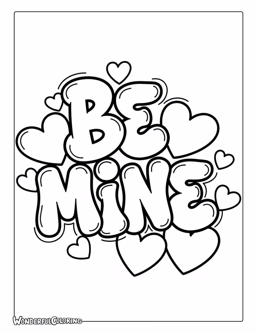 Be Mine bubble graffiti lettering Valentine coloring page