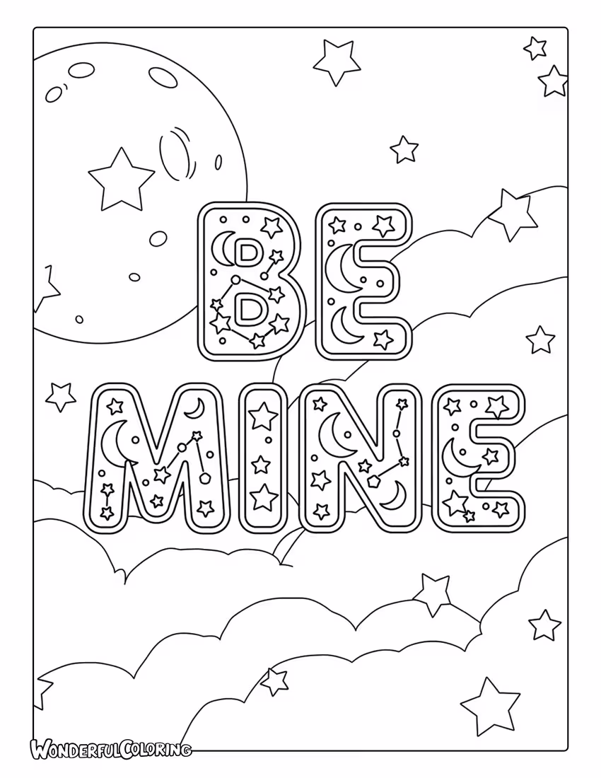 Be Mine celestial stars and moons lettering coloring page