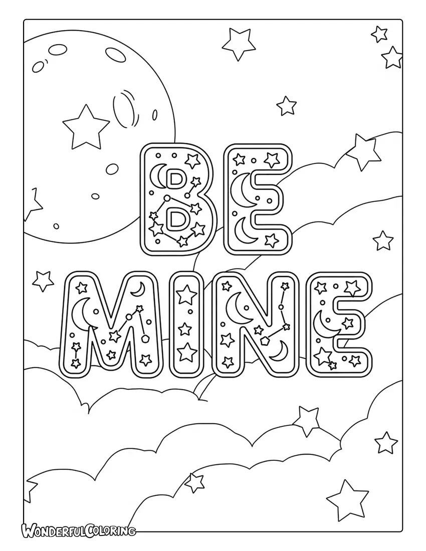 Be Mine celestial stars and moons lettering coloring page
