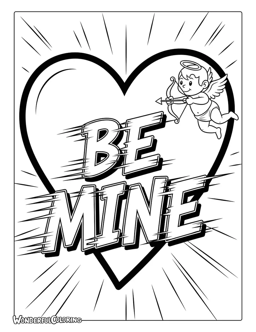 Be Mine comic book style bold lettering coloring page