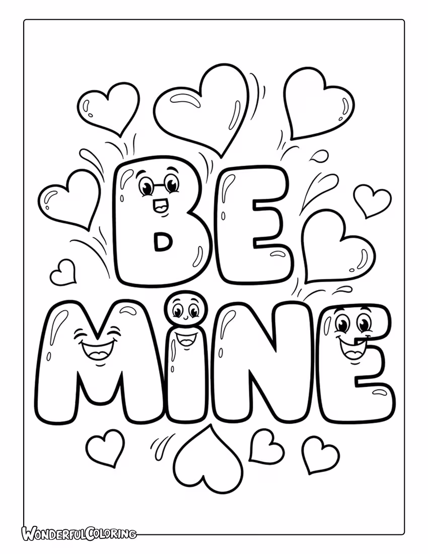 Be Mine cute cartoon letters with smiling hearts coloring page
