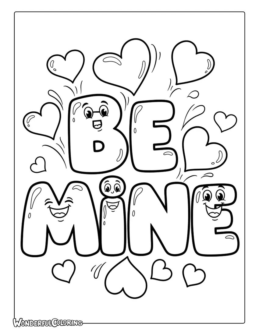 Be Mine cute cartoon letters with smiling hearts coloring page