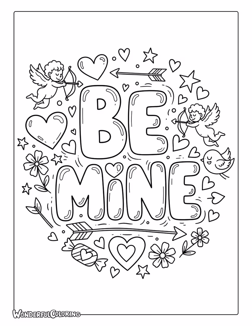 Be Mine doodle style text with hearts and arrows coloring page