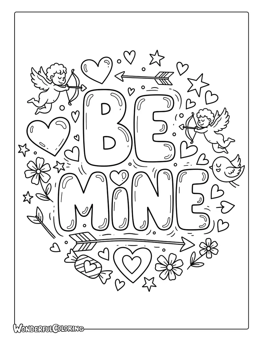 Be Mine doodle style text with hearts and arrows coloring page