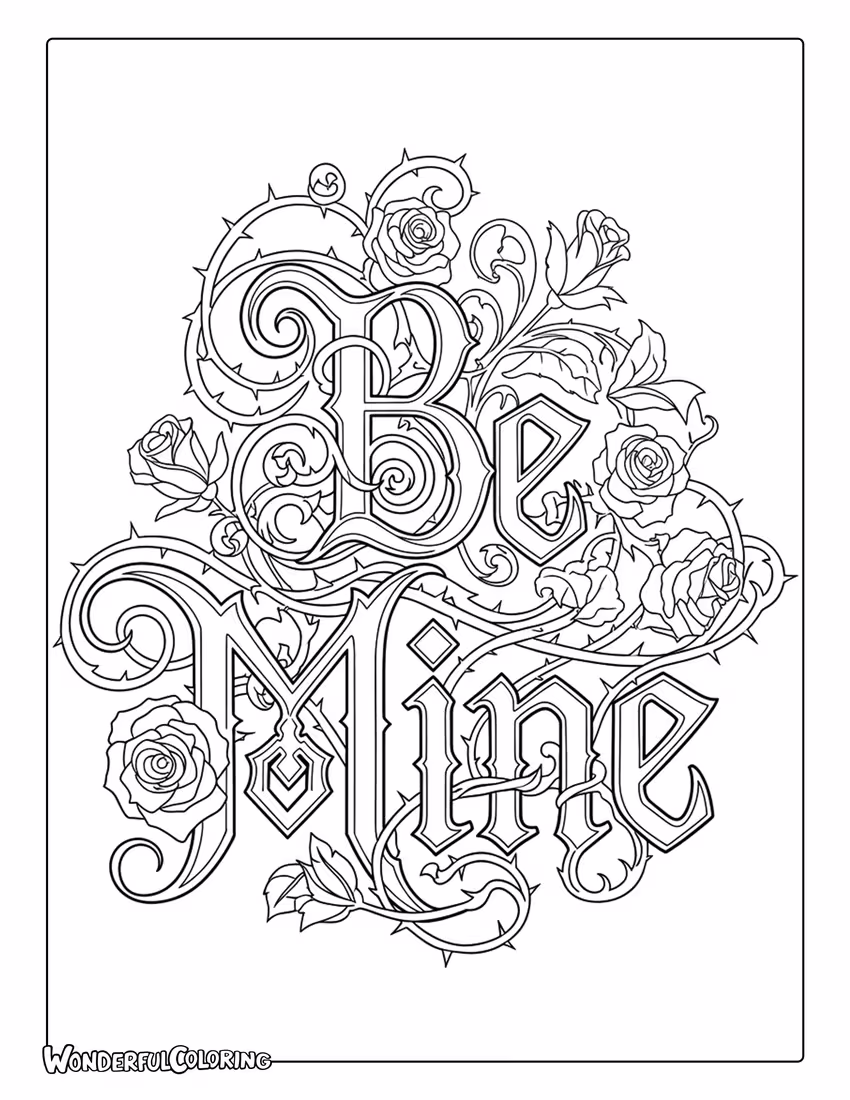 Be Mine fairytale fantasy lettering with vines and sparkles coloring page