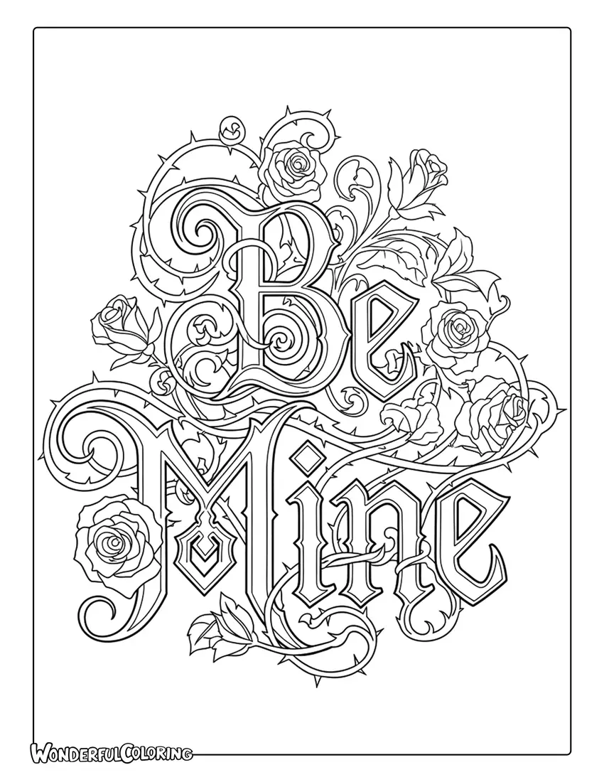 Be Mine fairytale fantasy lettering with vines and sparkles coloring page
