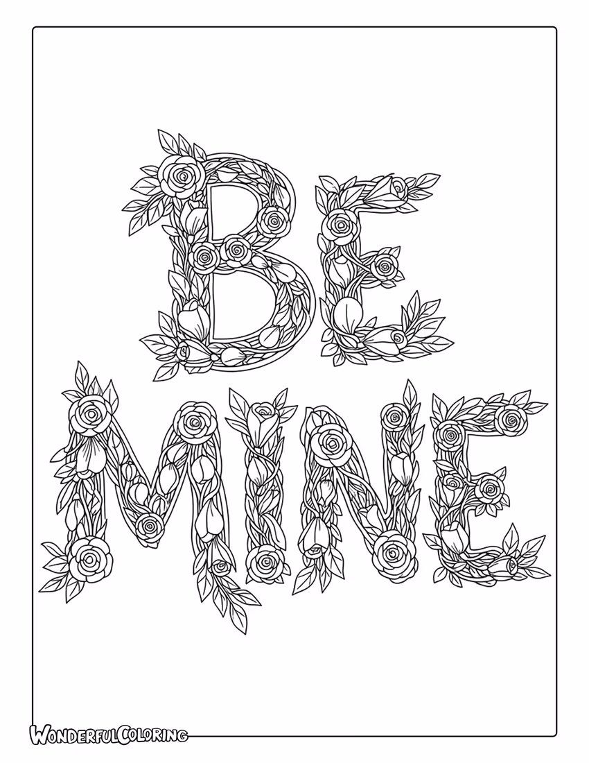 Be Mine floral lettering with roses and leaves coloring page