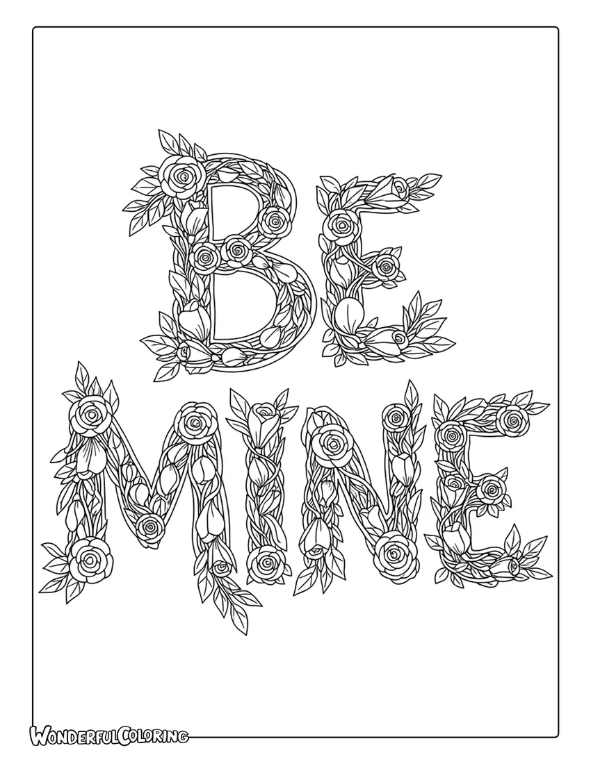 Be Mine floral lettering with roses and leaves coloring page