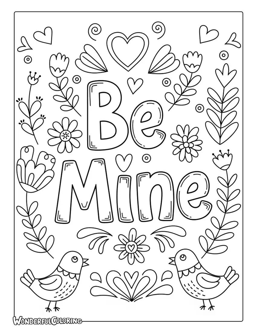 Be Mine folk art decorative lettering coloring page