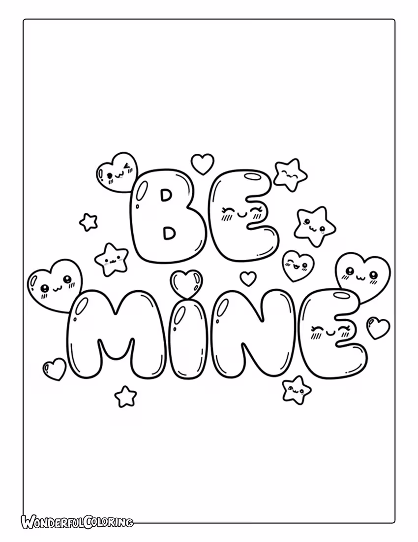 Be Mine kawaii cute Valentine lettering coloring page