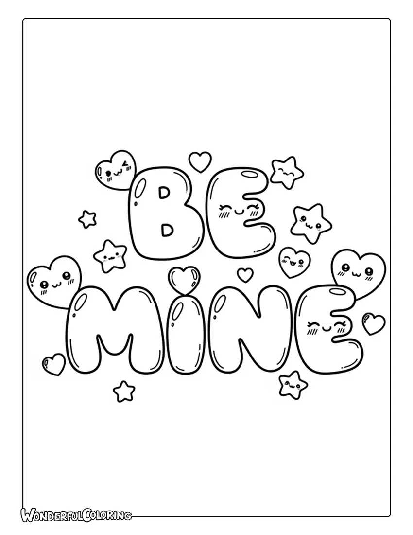 Be Mine kawaii cute Valentine lettering coloring page