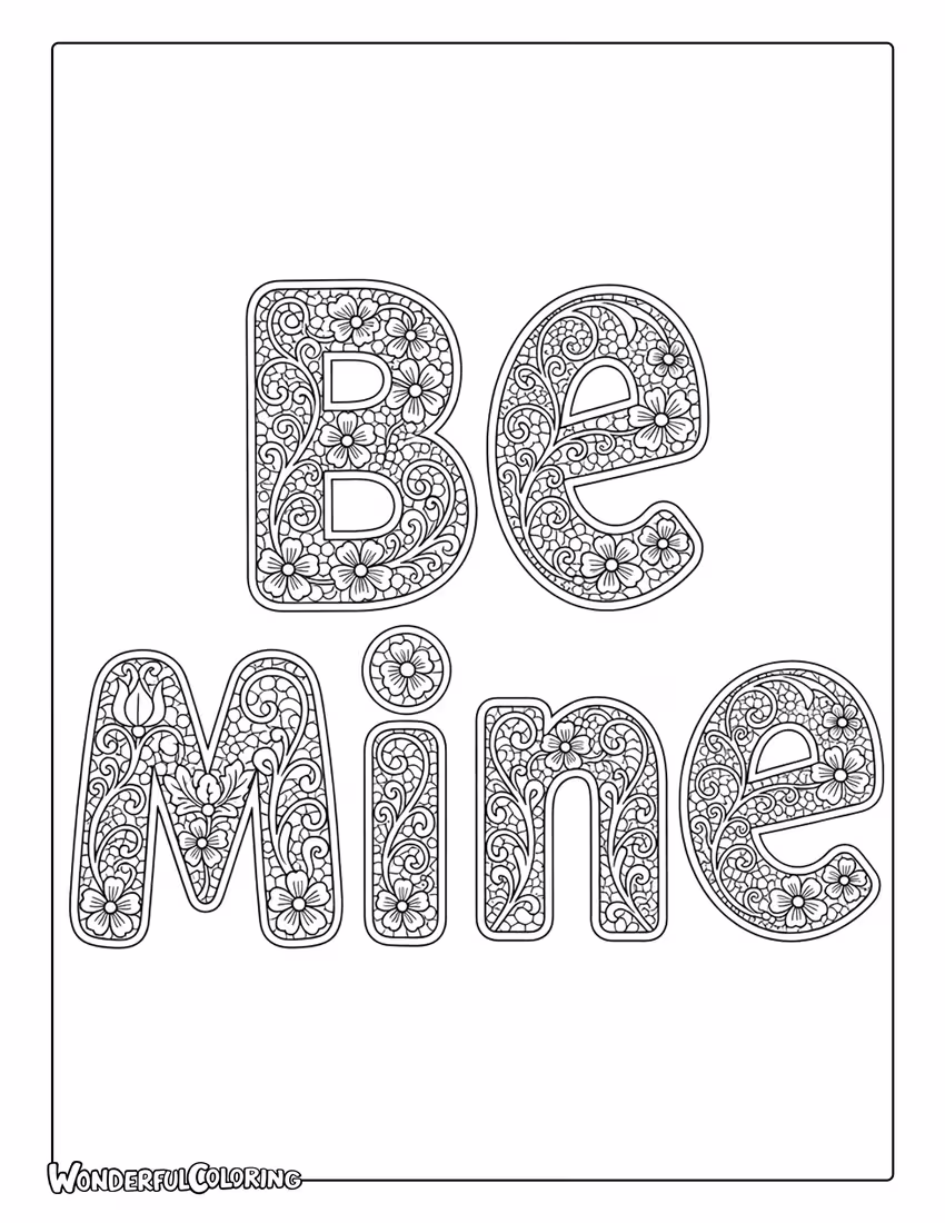 Be Mine lace pattern romantic lettering coloring page