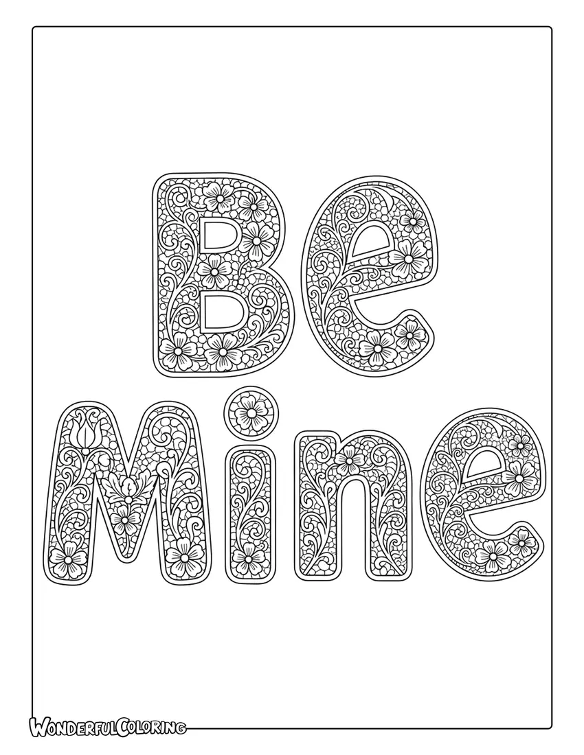 Be Mine lace pattern romantic lettering coloring page