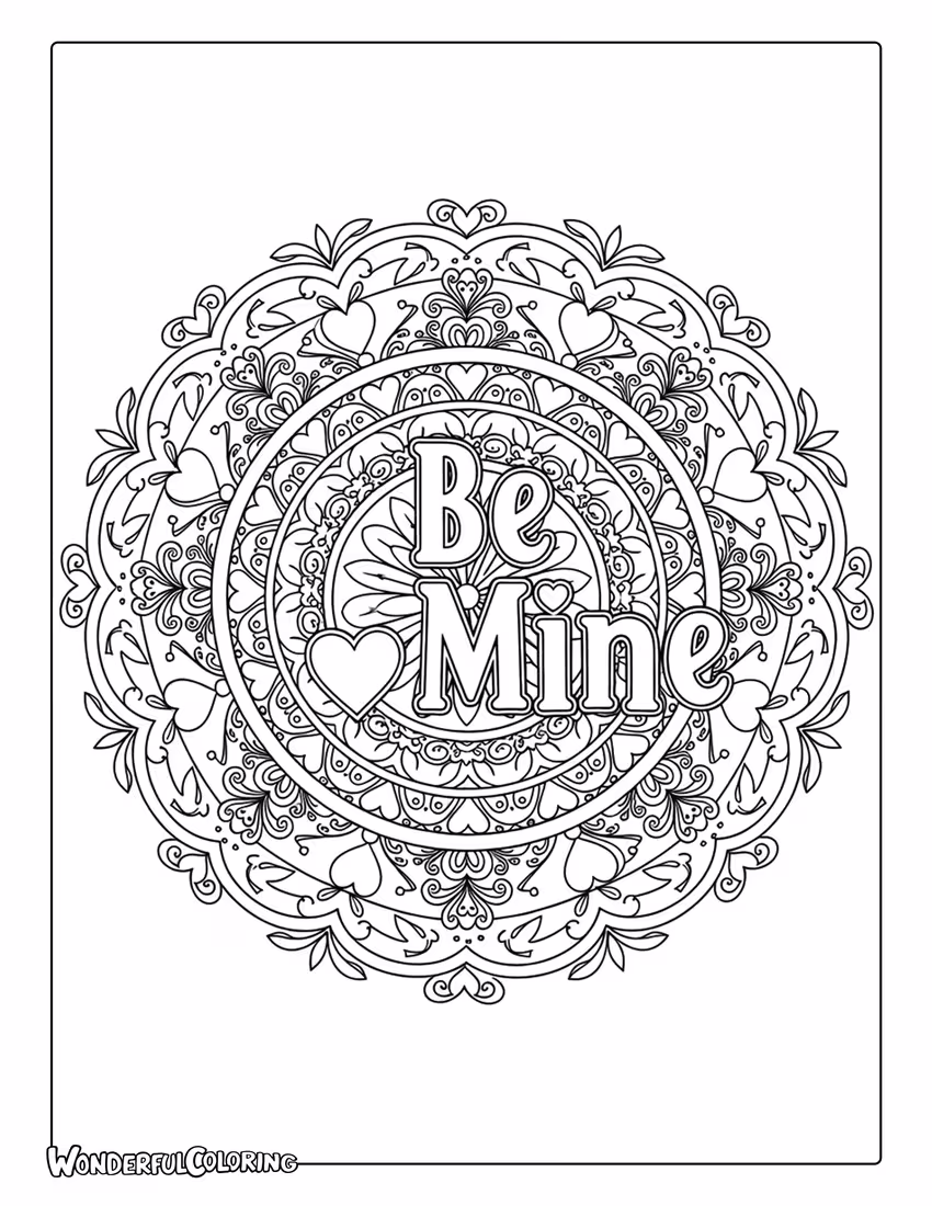 Be Mine mandala inspired decorative lettering coloring page