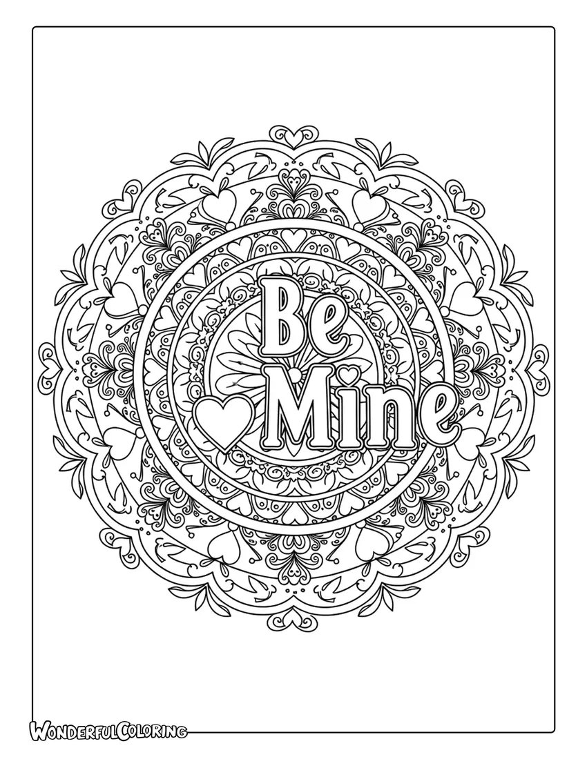 Be Mine mandala inspired decorative lettering coloring page