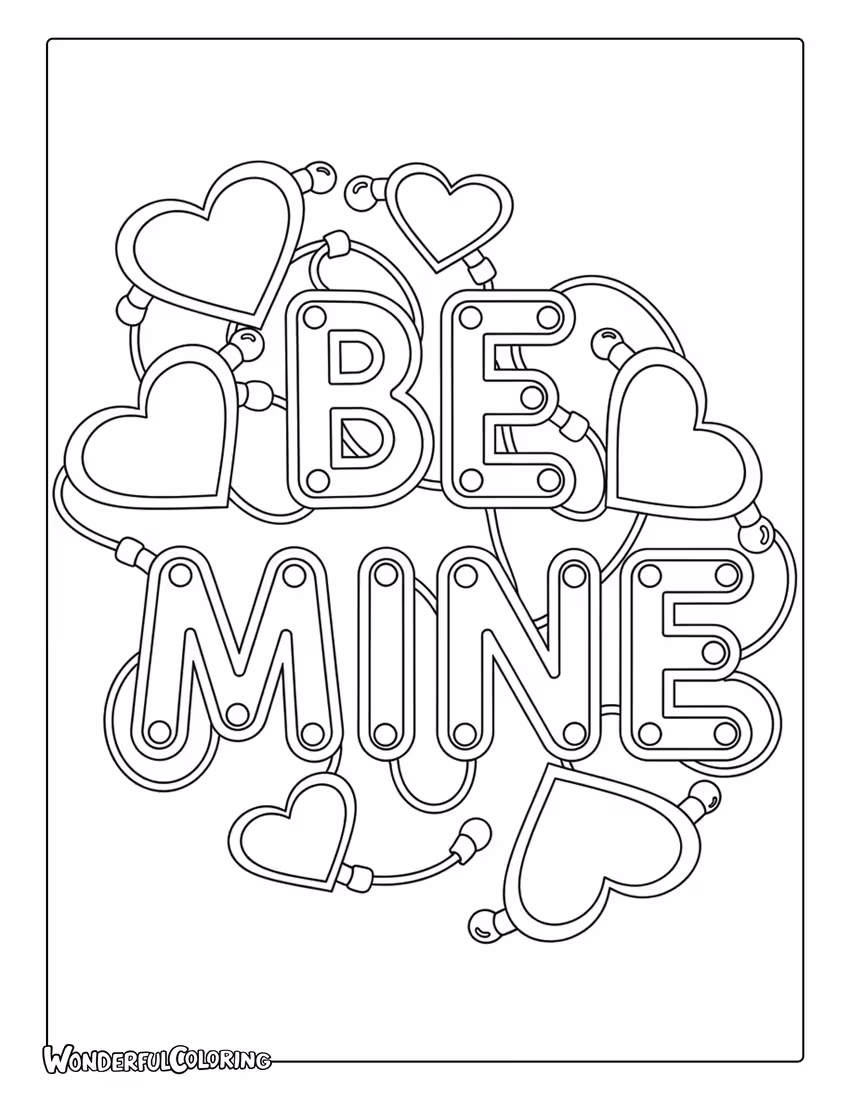 Be Mine neon sign glowing heart lettering coloring page