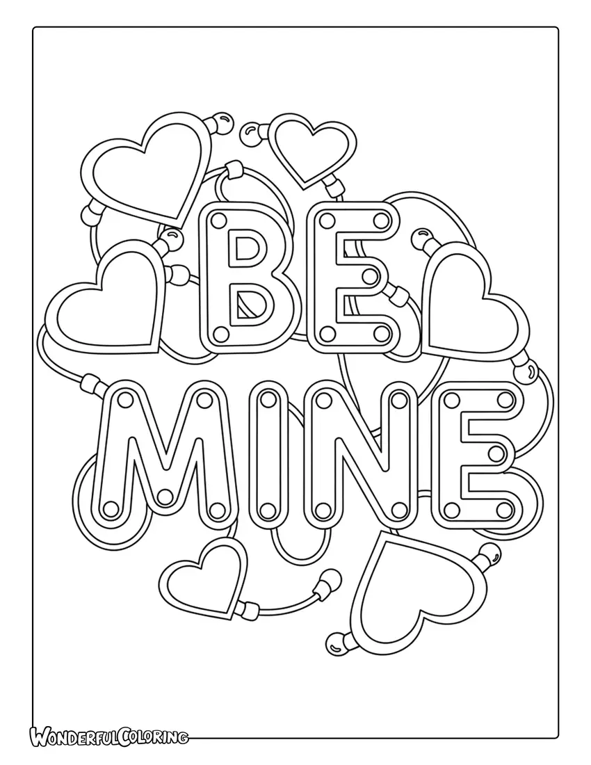 Be Mine neon sign glowing heart lettering coloring page