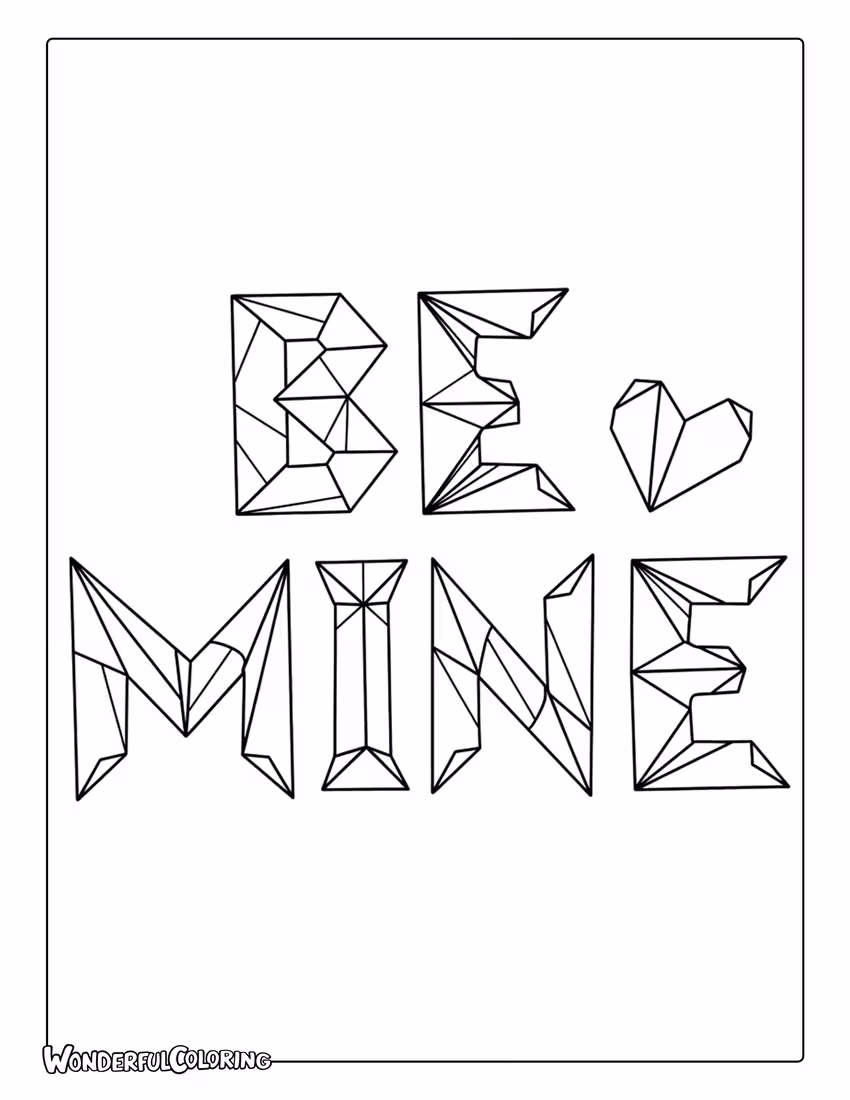 Be Mine origami folded paper letters Valentine coloring page