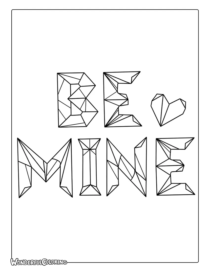 Be Mine origami folded paper letters Valentine coloring page