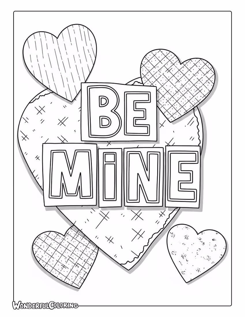 Be Mine paper collage layered lettering coloring page