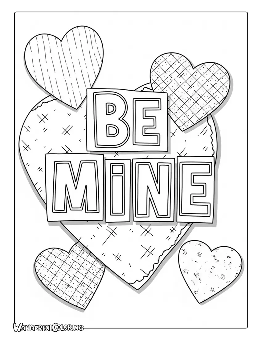 Be Mine paper collage layered lettering coloring page