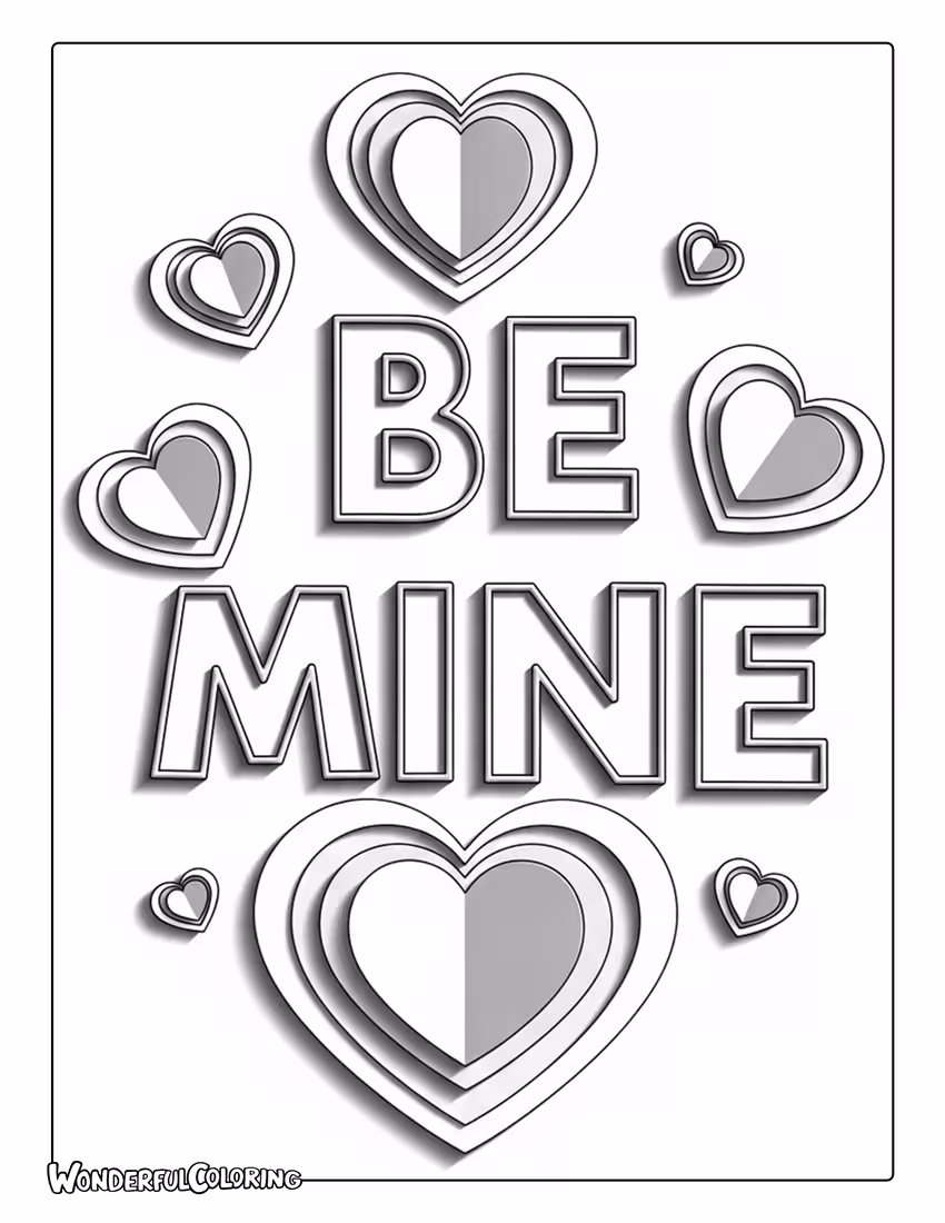 Be Mine papercut layered heart design coloring page