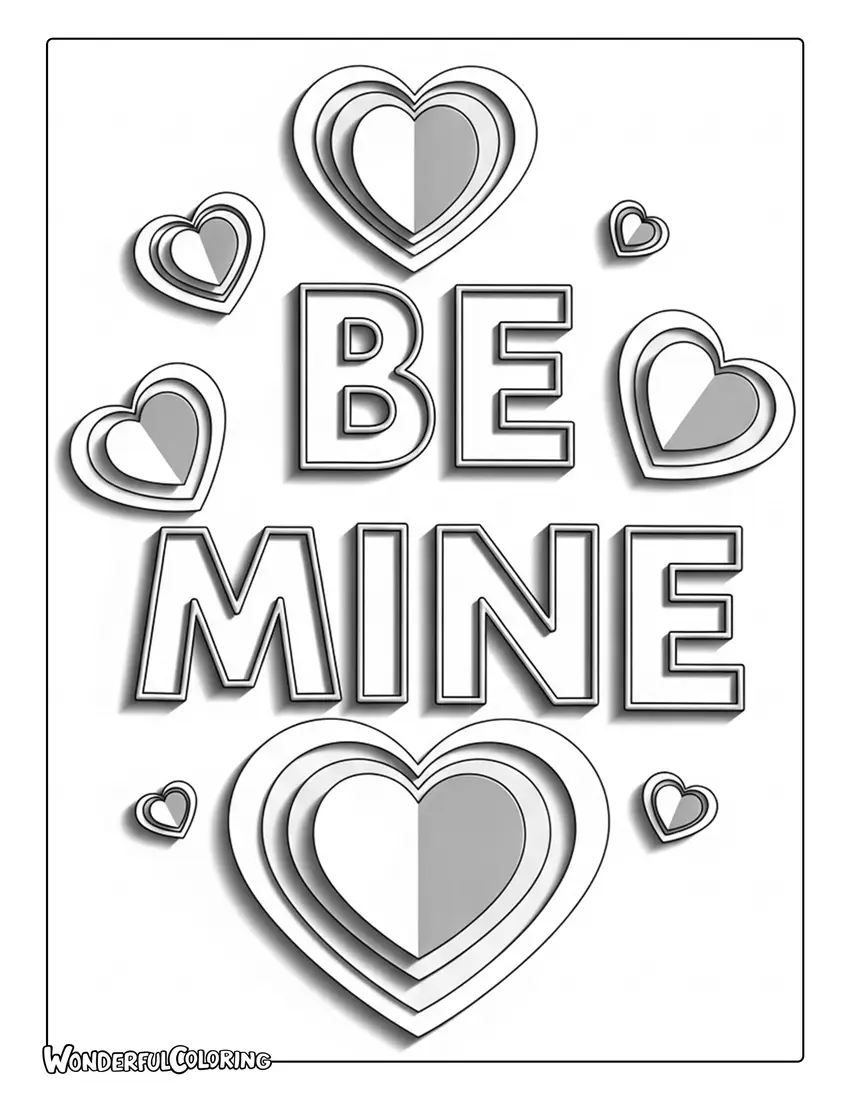 Be Mine papercut layered heart design coloring page