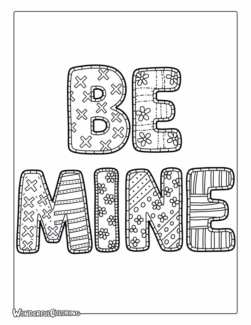 Be Mine patchwork quilt style lettering coloring page