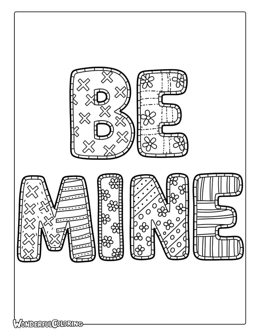 Be Mine patchwork quilt style lettering coloring page