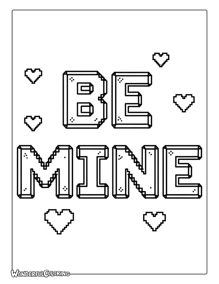 Be Mine pixel art retro lettering coloring page