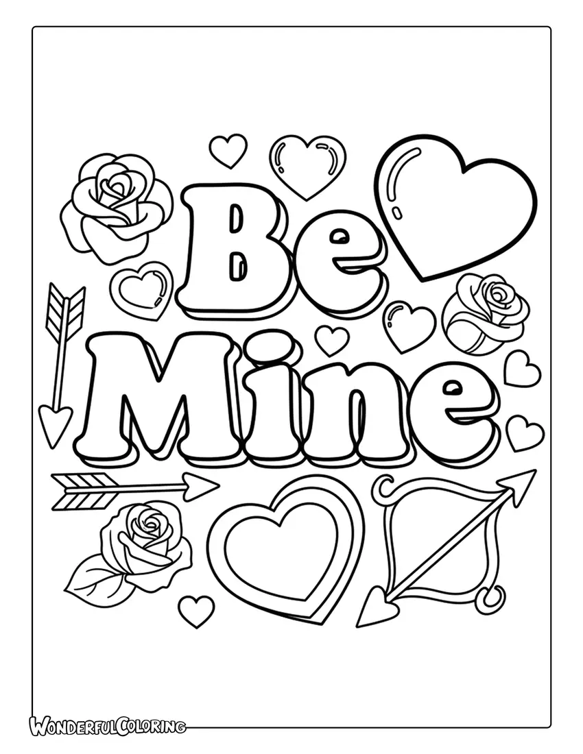 Be Mine retro Valentine typography vintage style coloring page