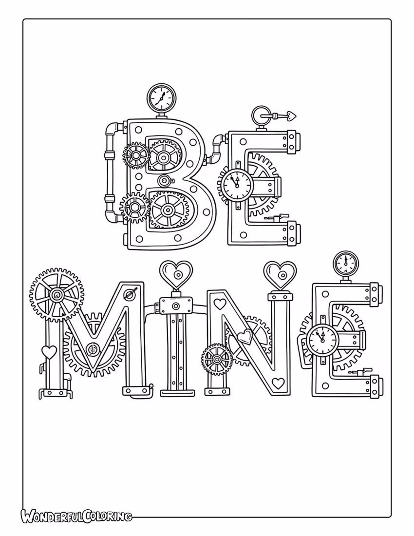 Be Mine steampunk lettering with gears and mechanical hearts coloring page