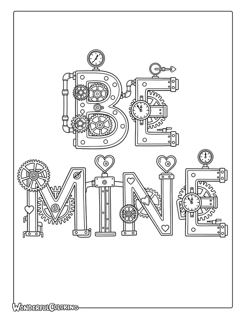Be Mine steampunk lettering with gears and mechanical hearts coloring page
