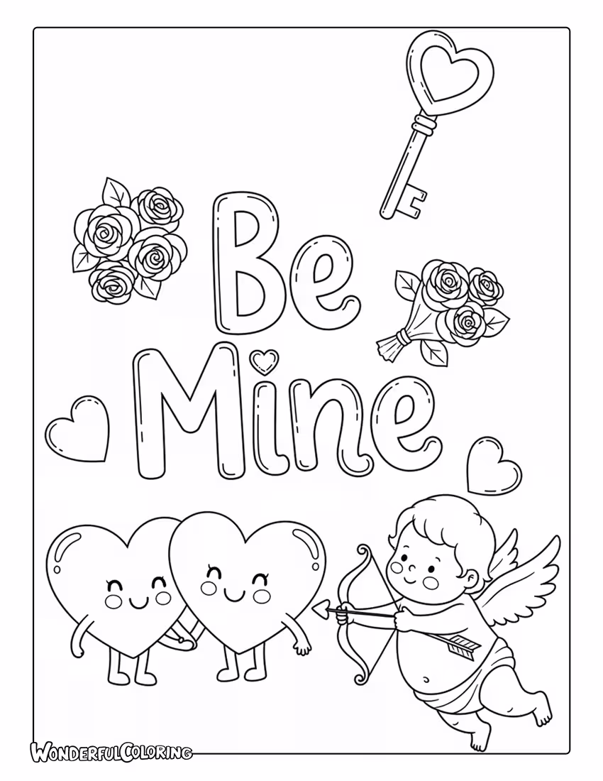 Be Mine storybook illustration style lettering coloring page