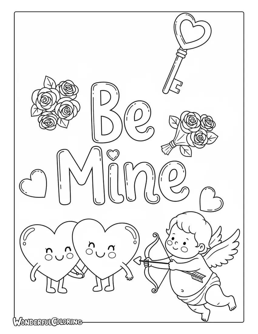 Be Mine storybook illustration style lettering coloring page