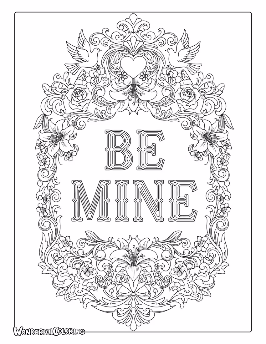 Be Mine Victorian ornamental frame lettering coloring page