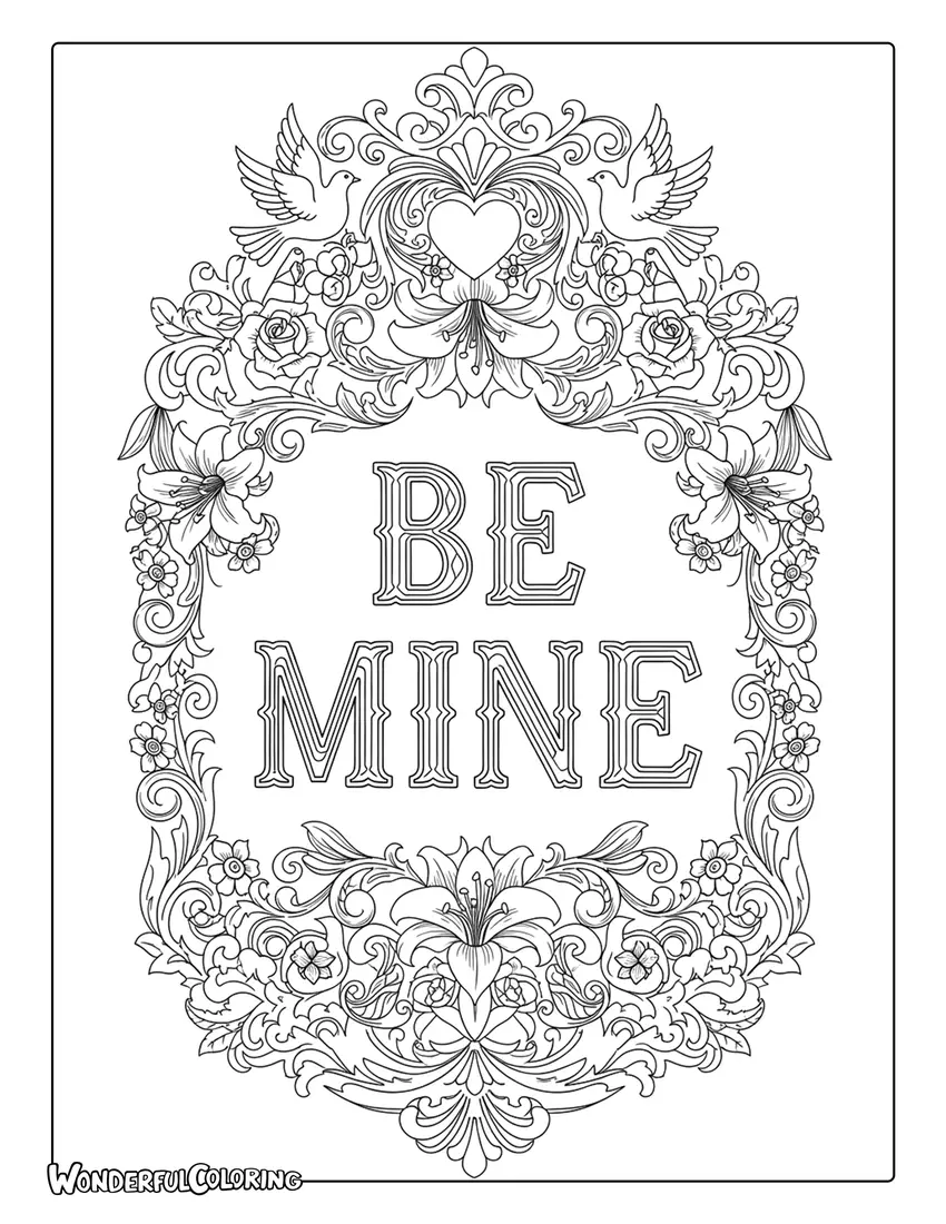 Be Mine Victorian ornamental frame lettering coloring page