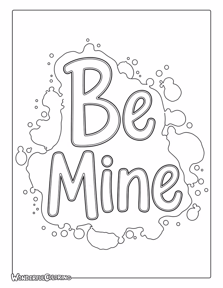 Be Mine watercolor inspired flowing lettering coloring page