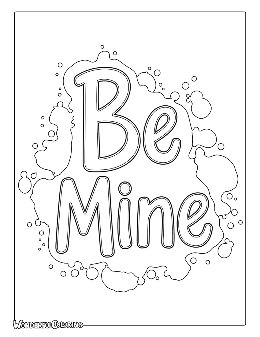 Be Mine watercolor inspired flowing lettering coloring page