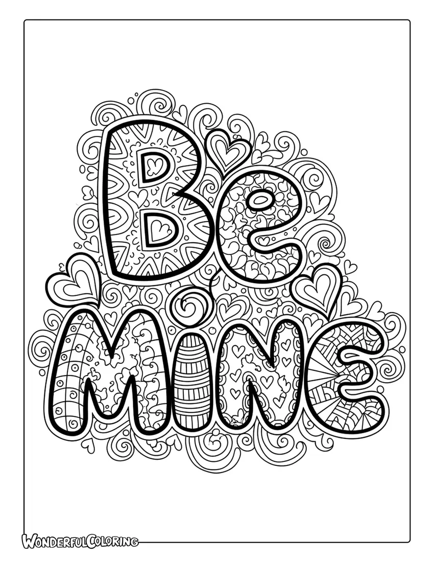 Be Mine zentangle style lettering with intricate patterns and hearts coloring page