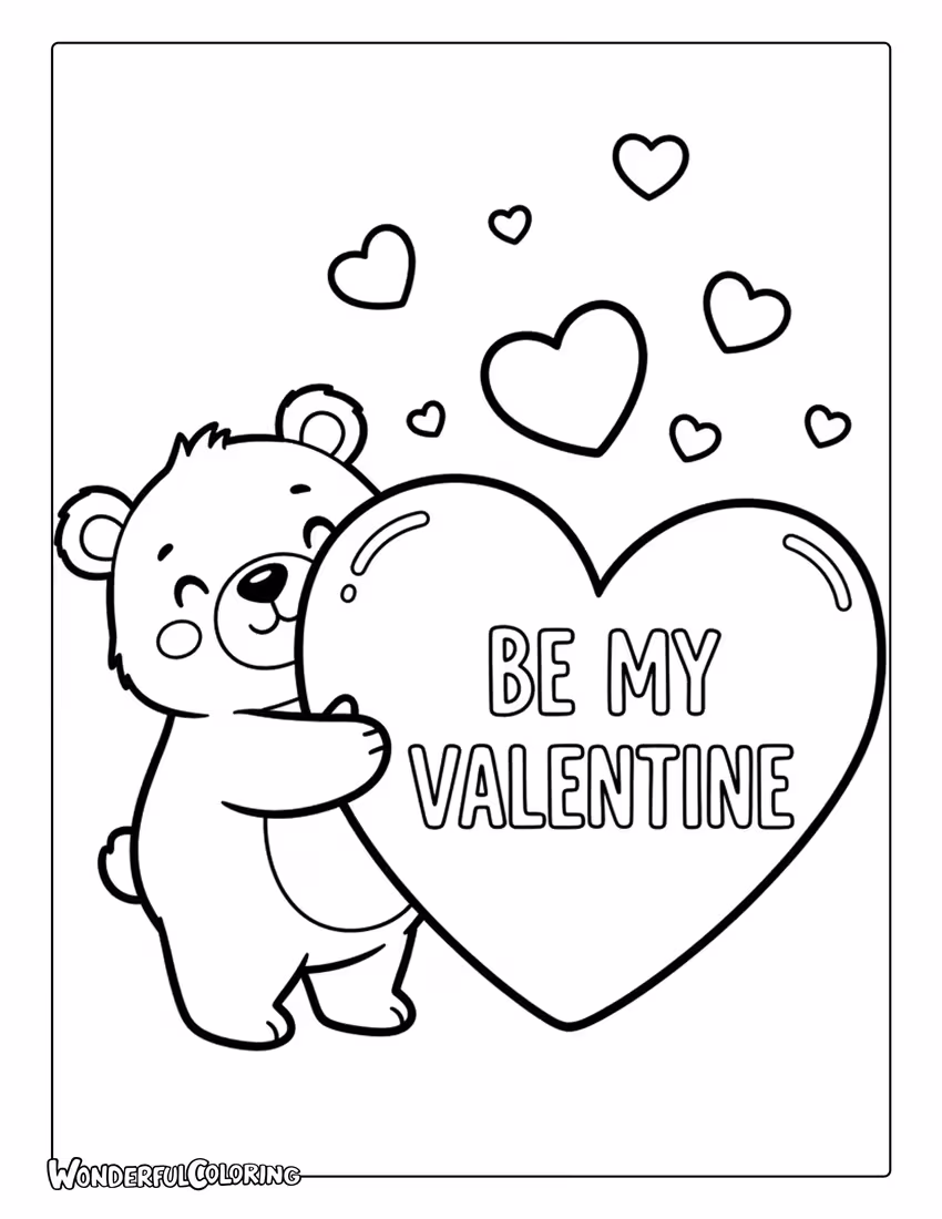 Bear hug “Be My Valentine” coloring page with cute bear and hearts