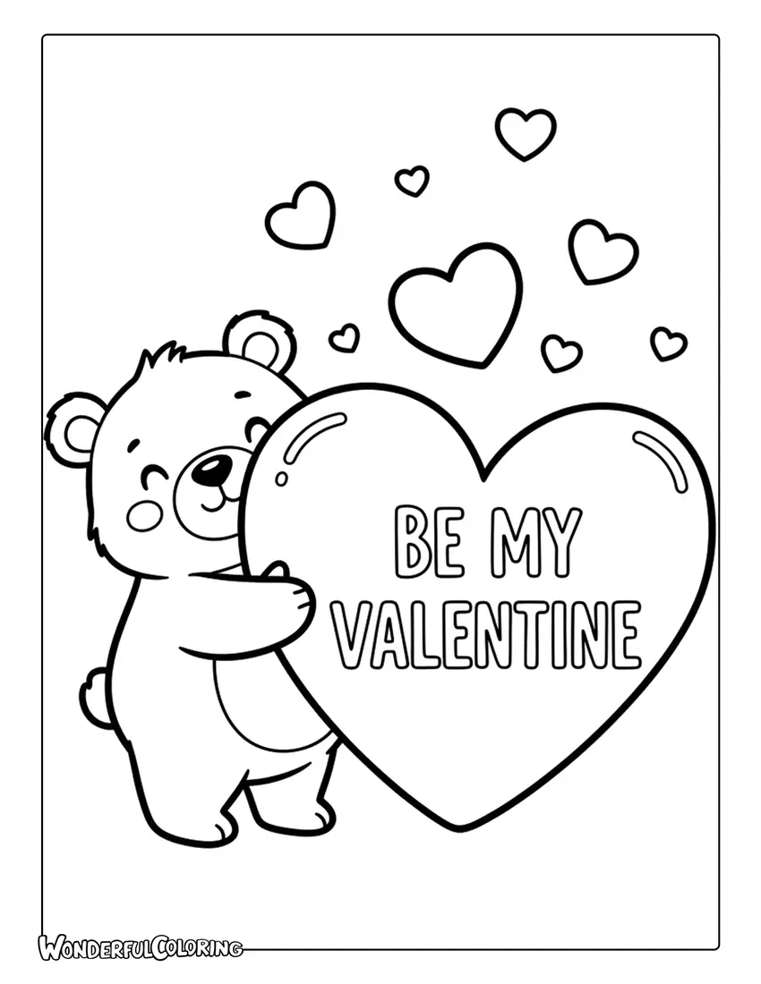 Bear hug “Be My Valentine” coloring page with cute bear and hearts